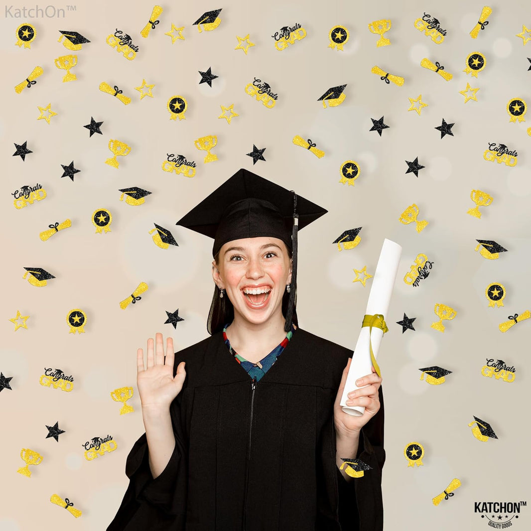 Graduation Decorations 2026 | Glitter, Black and Gold Graduation Confetti - Pack of 300 | Congrats Grad Confetti, Class of 2026 | Grad Hat, Star Confetti for Police Grad Decorations, KatchOn
