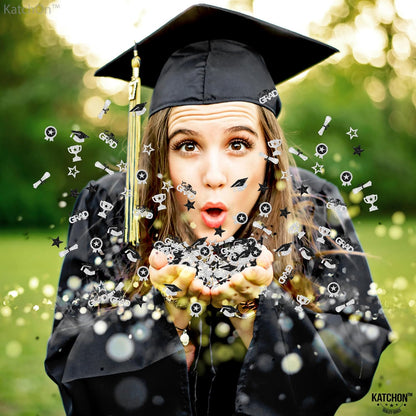 KatchOn, Glitter, Silver and Black Graduation Confetti - Pack of 300 | Graduation Hat, Star Confetti for Graduation Decorations 2026 | Congrats Grad Confetti for 2026 Graduation Table Decorations