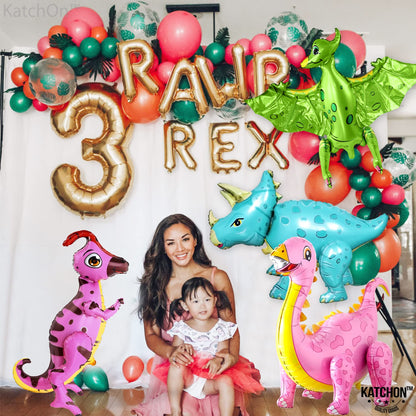 KatchOn, Large Pink Dinosaur Balloons for Birthday Party - Pack of 4 | Pastel Dino Balloons for Dino Party Decorations, Dinosaur Birthday Decorations | Three Rex Birthday Decorations Girl