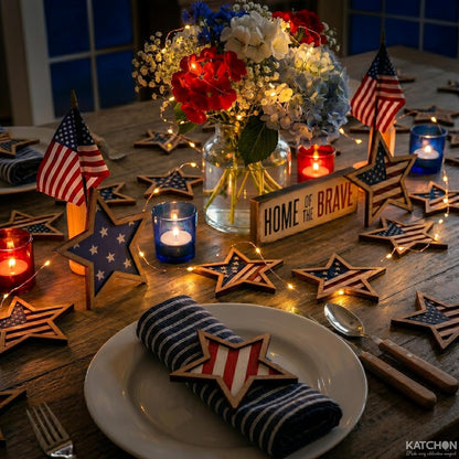 KatchOn, 4th of July Decorations | 4th of July Wooden Star Signs - 5.1x5.5 inches Pack of 6 | Flag Day Decorations, Patriotic Memorial Day Table Decorations for Home Office Table Shelf Decorations