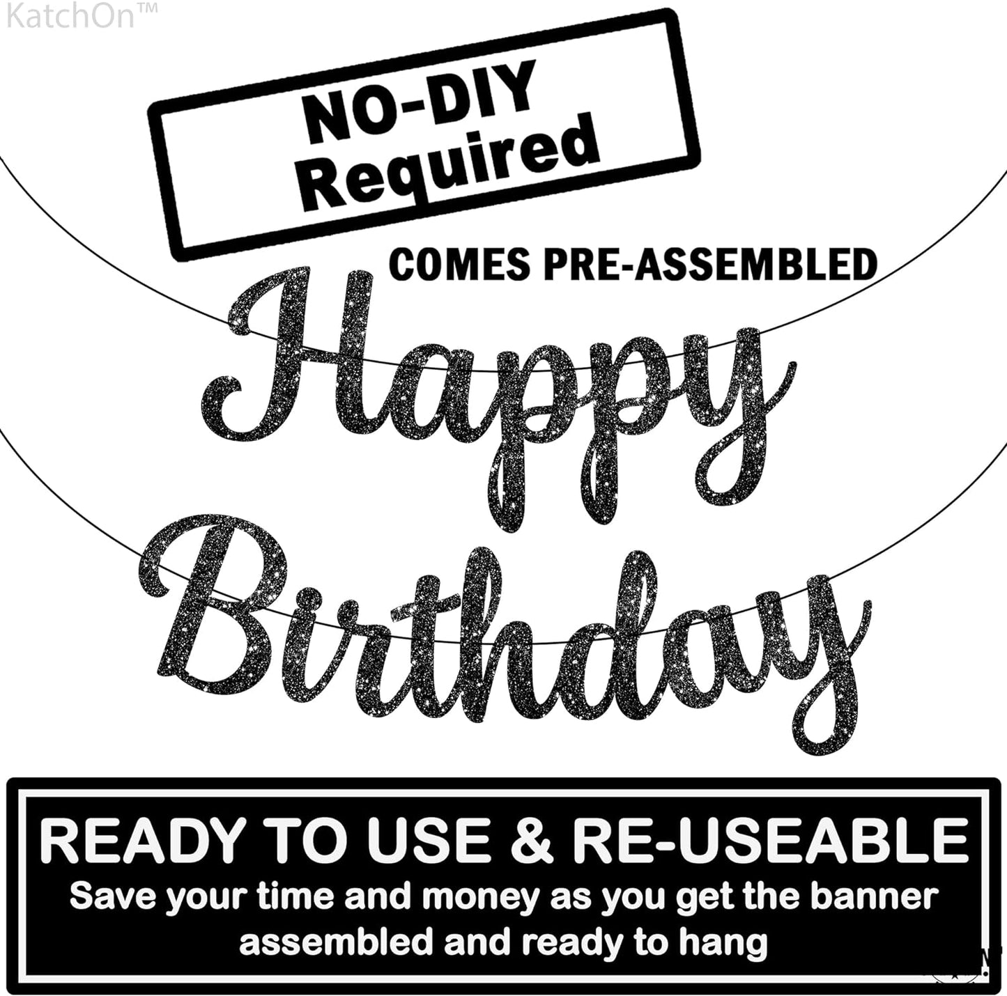 KatchOn, Glitter Black Happy Birthday Banner - 10 Feet, Pre-Strung | Happy Birthday Sign Black, Black Birthday Decorations | Black Birthday Banner, Happy Birthday Decorations | Happy Birthday Garland