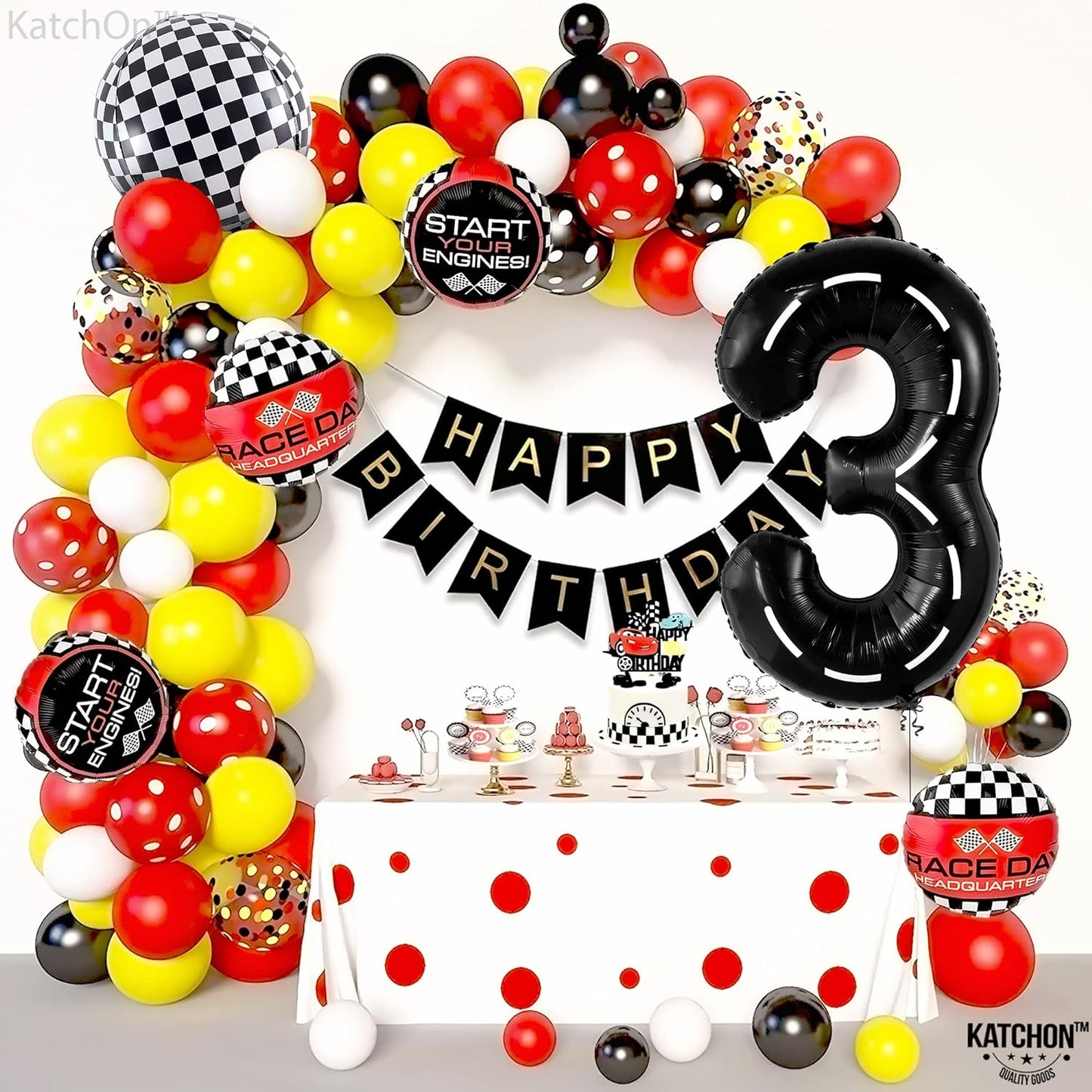 KatchOn, Giant Race Car Number 3 Balloon - 40 Inch | Number 3 Race Car Balloon | 3 Balloon Number for Race Car Birthday Party Supplies 3 Year Old | Construction Birthday Party Supplies 3 Year Old