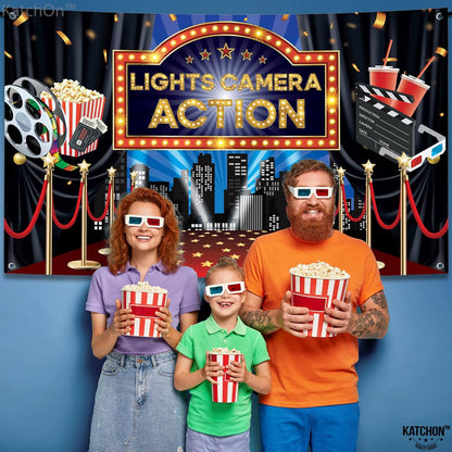 KatchOn, Lights Camera Action Backdrop - Large, 72x44 Inch | Movie Theme Party Decorations, Oscar Party Decorations | Lights Camera Action Decorations | Hollywood Backdrop for Movie Party Decorations