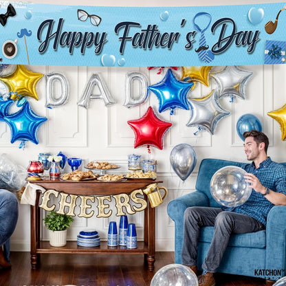 KatchOn, Happy Fathers Day Banner - XtraLarge, 120x20 Inch | Happy Fathers Day Yard Banner, Happy Fathers Day Decorations for Party | Happy Fathers Day Backdrop, Blue Father's Day Decorations Outside
