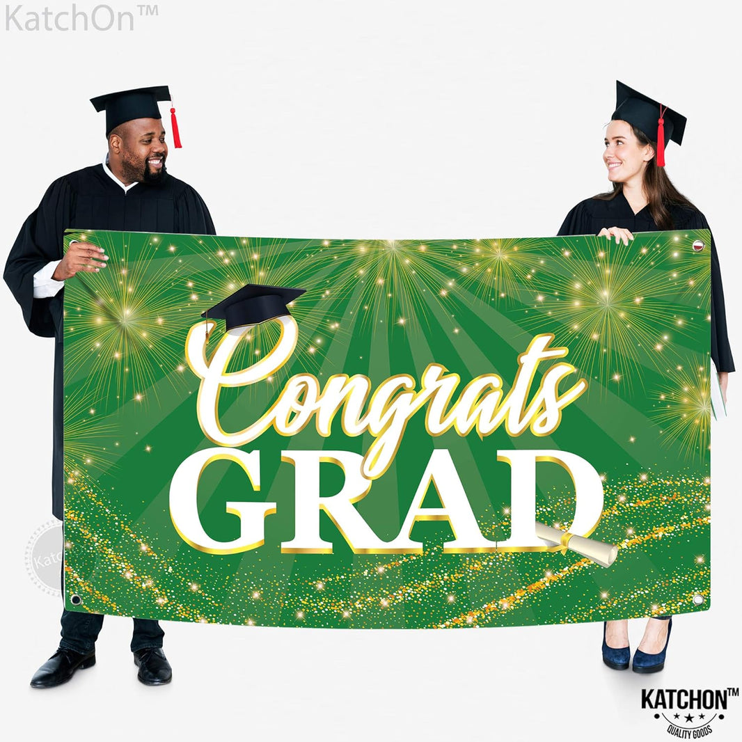 KatchOn, Green Congrats Grad Banner - Xtralarge, 72x44 Inch | Green and Gold Grad Banner for Graduation Decorations 2026 | Congrats Grad Backdrop for 2026 Graduation Decorations