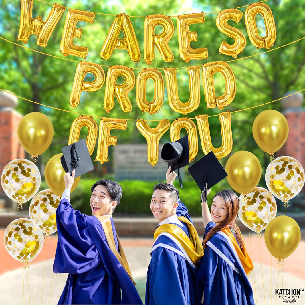 KatchOn, Gold We Are So Proud of You Balloons - 16 Inch, Graduation Latex and Confetti Balloons | Congratulations Balloons, Gold Graduation Decorations Class of 2024 | Gold 2024 Graduation Decorations