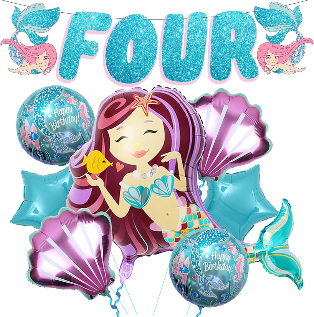 KatchOn, Big Mermaid 4th Birthday Decorations Set - Pack of 8 | Mermaid Birthday Decorations 4 Year Old Girl | Mermaid Balloons 4, 4 Year Old Birthday Decorations | 4th Birthday Decorations Girl