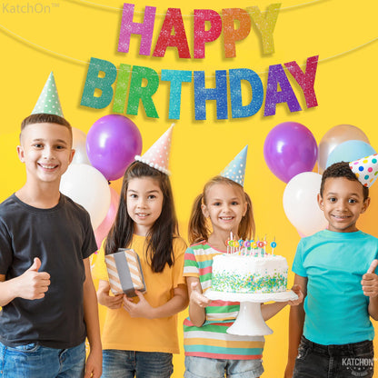 KatchOn, Rainbow Happy Birthday Banner - Glitter, 10 Feet | Happy Birthday Sign for Backdrop | Rainbow Birthday Decorations | rainbow Party Decorations, Kids birthday Party Supplies