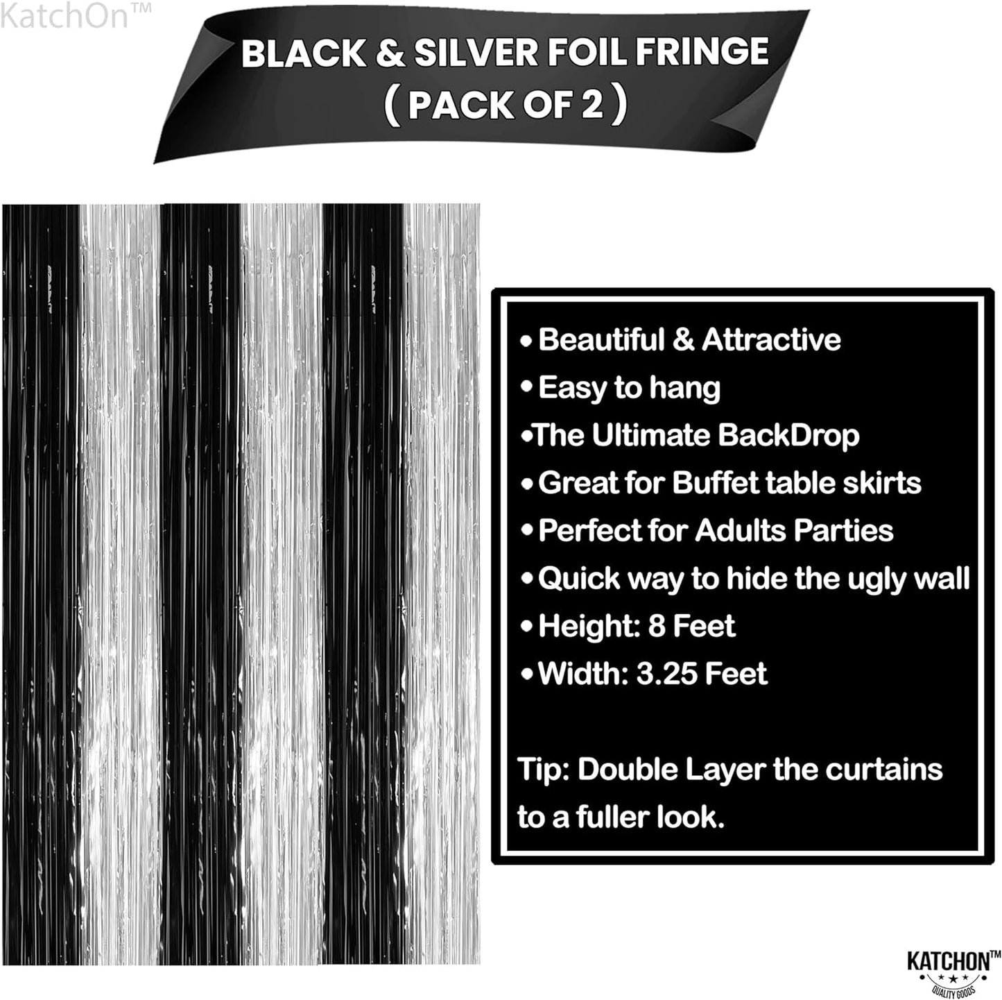 KatchOn, Large Black and Silver Fringe Curtain - Pack of 2 | Black and Silver Streamers for Black and Silver Party Decorations | Black and Silver Fringe, Black and Silver Graduation Decorations