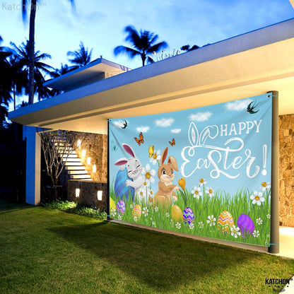 KatchOn, Happy Easter Banner Decorations - XtraLarge 72x44 Inch | Easter Backdrops for Photography | Easter Banners for Outside, Easter Party Decorations | Easter Backdrop for Easter Wall Decorations
