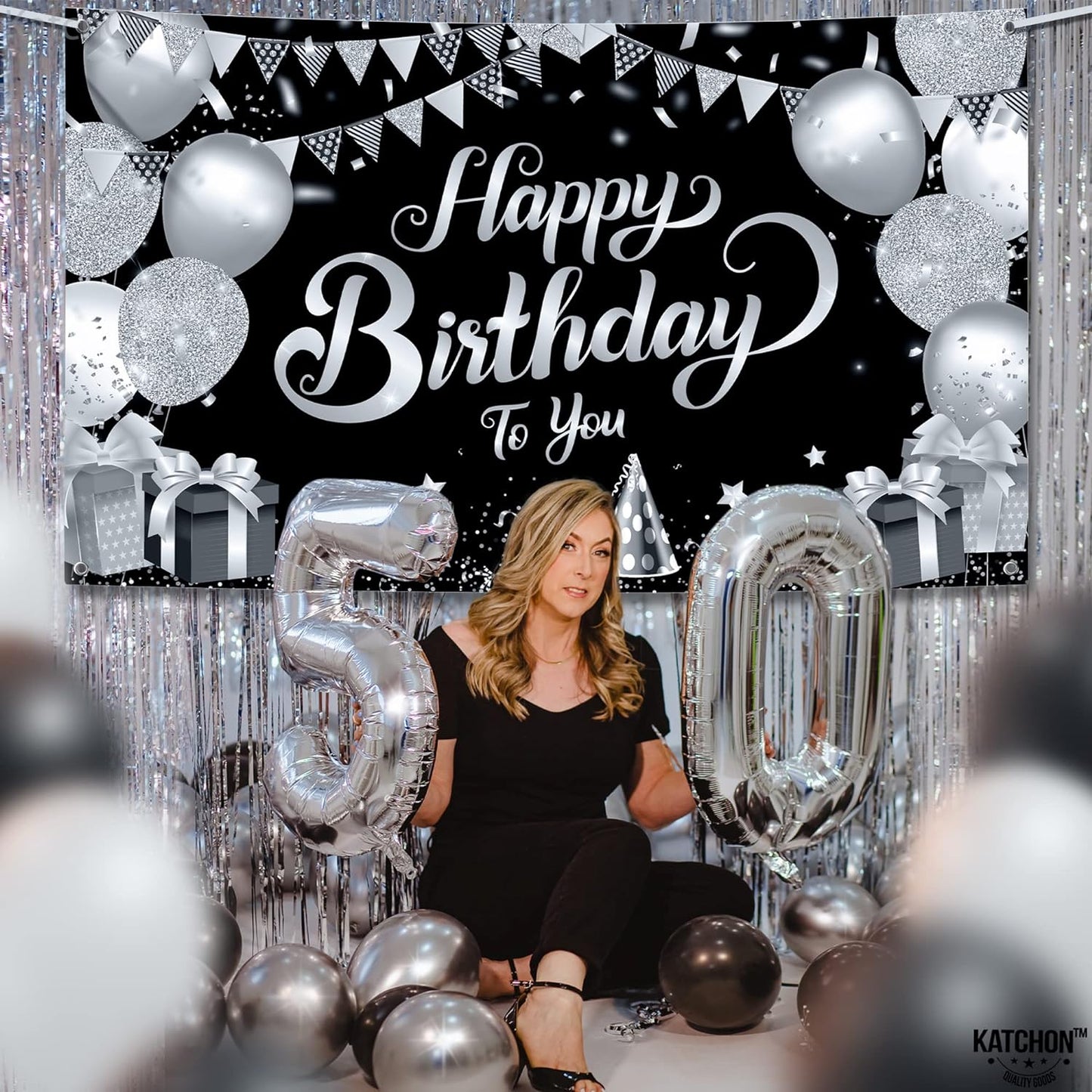 KatchOn, Black and Silver Happy Birthday Banner - Large, 72x44 Inch | Black and White Happy Birthday Banner | Black White Silver Happy Birthday Decorations for Mens Women, Birthday Party Supplies