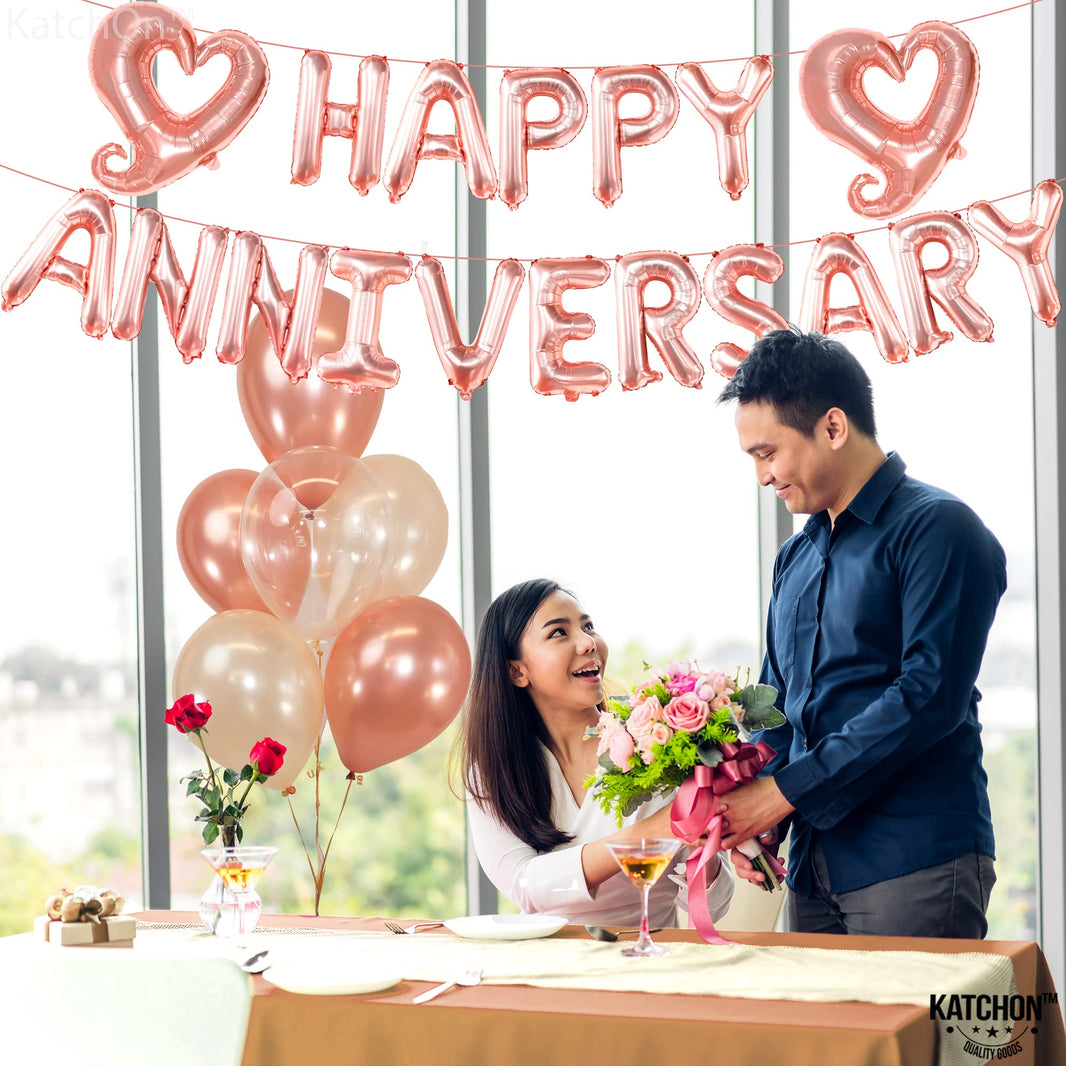 KatchOn Rose Gold Anniversary Balloons - 18 inch Letters, Hook Heart | Rose Gold Anniversary Banner & Backdrop