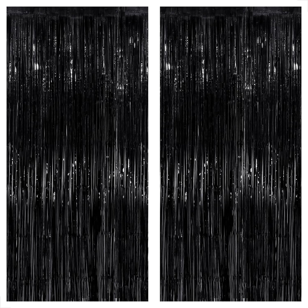 KatchOn Large Black Fringe Backdrop - Pack of 2 | Black Streamers for Halloween Decorations Indoor  | Tinsel Backdrop for Anniversary, Engagement, Birthday, Bachelorette, New Years Decorations