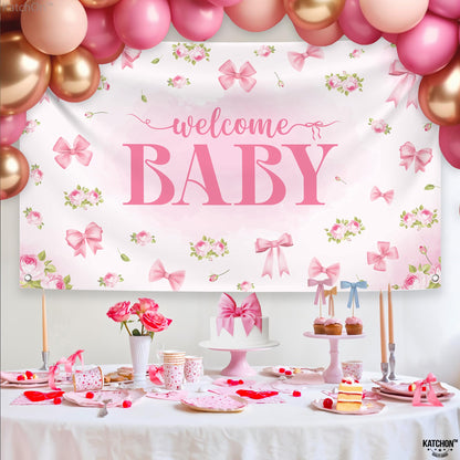 KatchOn, XtraLarge Welcome Baby Backdrop - 72x44 Inch Pink | Welcome Home Baby Girl Banner for Baby Shower & Gender Reveal Decorations