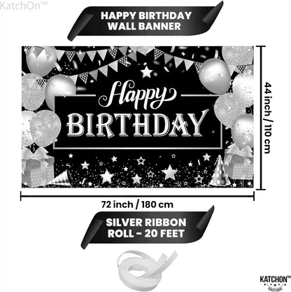 KatchOn, Black and Silver Happy Birthday Banner - 72x44 Inch | Black and Silver Birthday Banner for Men | Happy Birthday Backdrop for Happy Birthday Decorations | Black and Silver Birthday Decorations