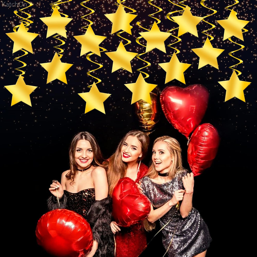 KatchOn, Shiny Gold Star Hanging Swirls - Pack of 30, No DIY | Gold Star Decorations for Party for Oscar Party Decorations | Hanging Gold Stars, Hollywood Theme Decorations | Talent Show Decorations