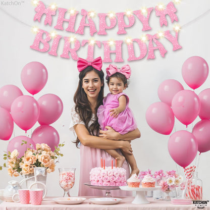 KatchOn, Pink Glitter Happy Birthday Banner with Lights - No DIY, 10 Feet | Happy Birthday Bow Banner | Birthday Decorations for Women, Girls | Pink Bow Birthday Decorations