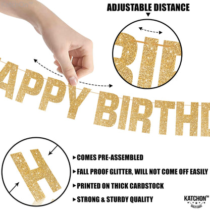 KatchOn, Light Up Happy Birthday Banner - 10 Feet, 8 Modes | Glitter Golden Birthday Party Decorations | Gold Birthday Decorations For Women, Men, Girls & Boys | Happy Birthday Light Up Sign