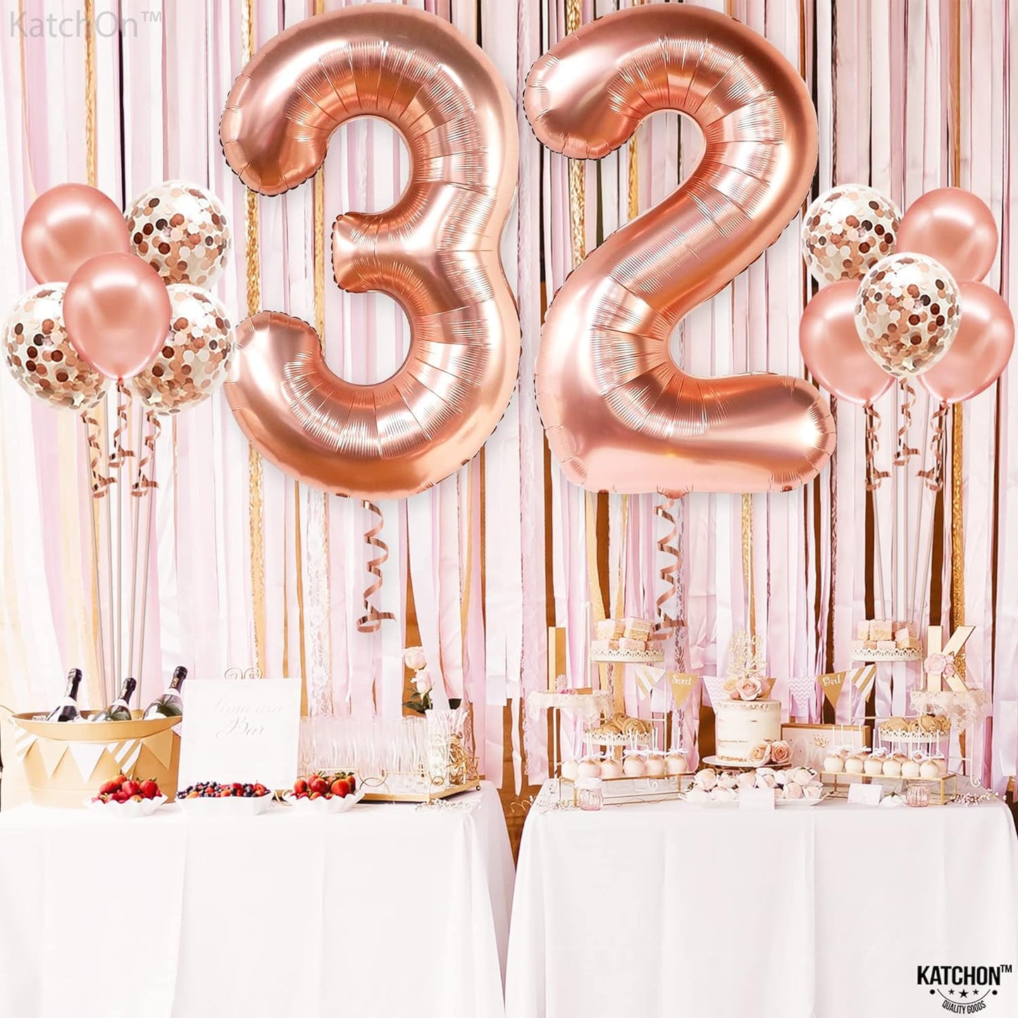 KatchOn, Giant Rose Gold 32 Balloon Numbers - 40 Inch, Pack of 12 | 32 Birthday Decorations for Women with Confetti | 32 Number Balloons, 32nd Birthday Decorations for Women | 32 Birthday Balloons