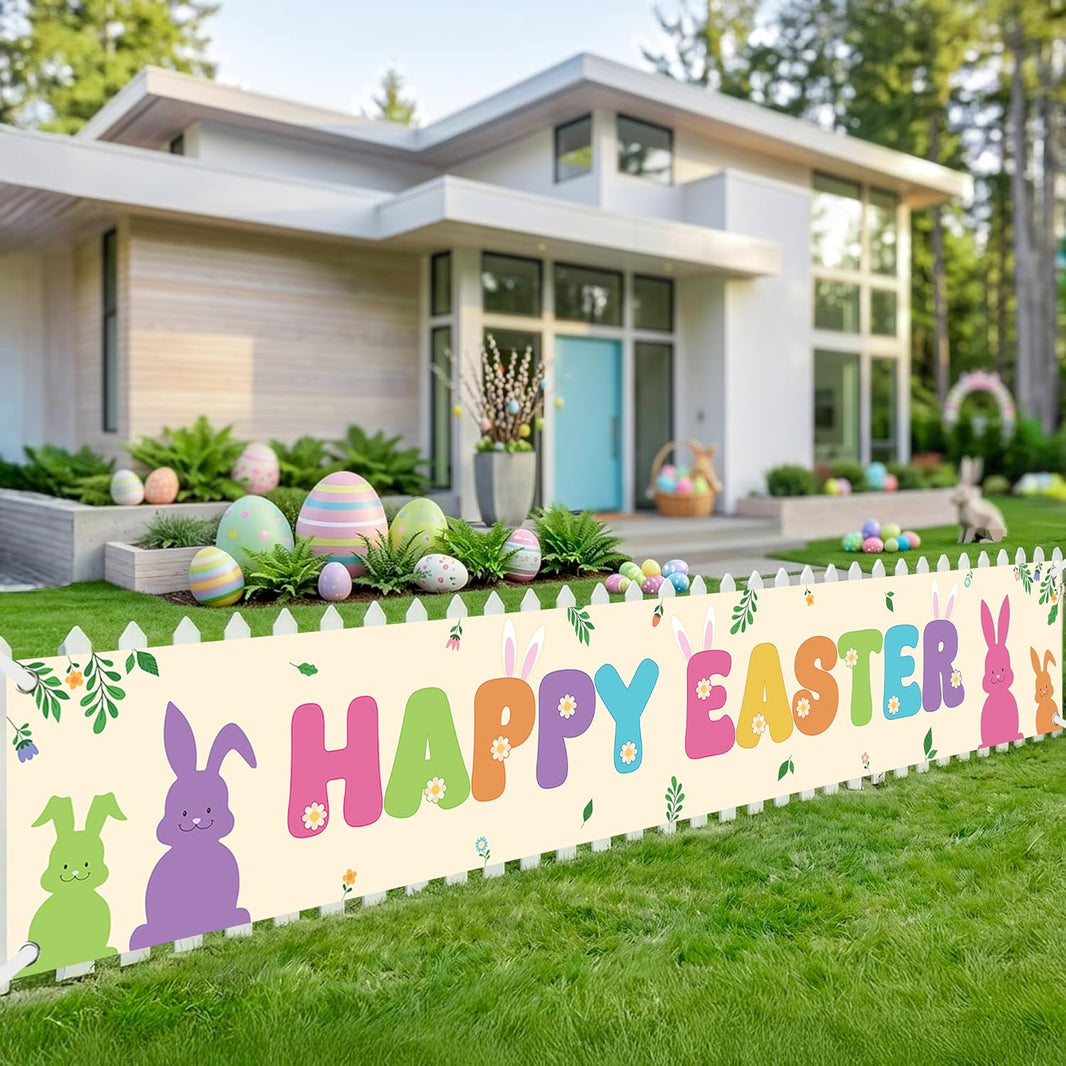 katchon happy easter banner for outside xtralarge 120x20 inch outdoor easter decorations for home easter outdoor decorations happy easter yard banner for easter decor spring decorations 1