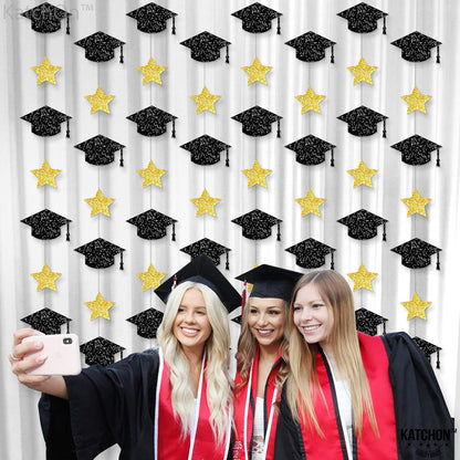 KatchOn, Glitter Graduation Cap Garland, 10 Feet - 8 String, No DIY | Black and Gold Graduation Decorations 2026 | Graduation Garland, Graduation Cap Decorations for 2026 Graduation Decorations