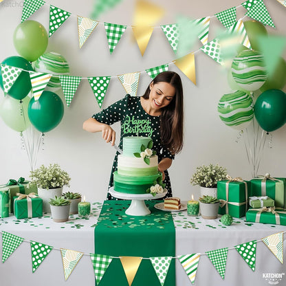 KatchOn, Christmas Pennant Banner Flags - 30 Feet | Gingham Checkered Triangle Fabric Bunting Garland Green, White and Gold | Party Decorations for Birthday, And Christmas Wall Decorations Indoor