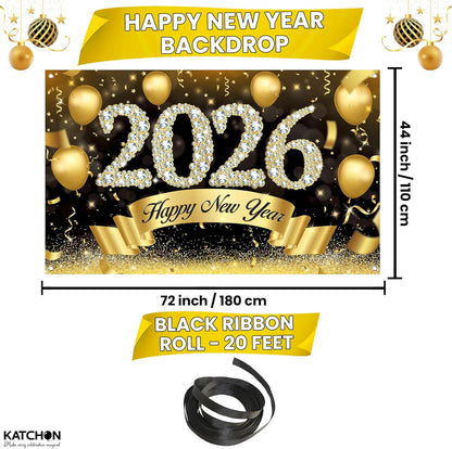 KatchOn, XtraLarge Happy New Year Banner 2026 - 72x44 Inch | New Year Backdrop for Happy New Years Decorations 2026 | Eve Banner 2026 | NYE Decorations 2026 | Indoor Outdoor Celebration Photography Background