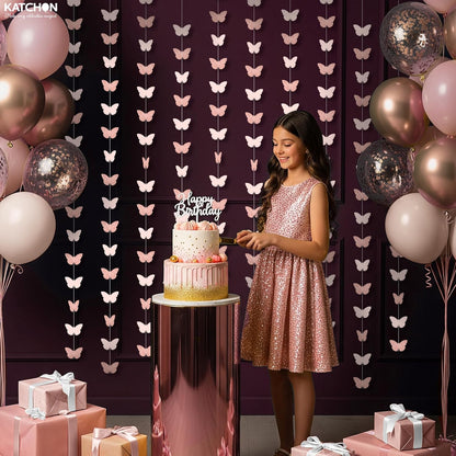 KatchOn, Rose Gold Hanging Butterfly Garland - Pack of 6 | Butterfly Wall Decor & Birthday Banner for Girls | Butterfly Birthday Decorations for Women, Baby Shower, Wedding, Bridal Shower