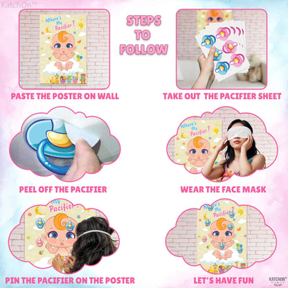 KatchOn, Pin the Pacifier Baby Shower Game Poster - 32x21 Inch, Pack of 54 | Where is My Pacifier Poster, Baby Shower Decorations | Pacifier Stickers for Gender Reveal | Gender Reveal Games for Guests