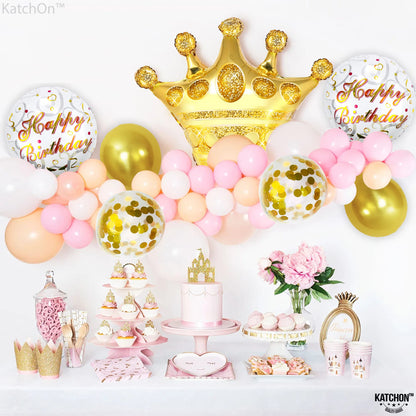 KatchOn, Gold Happy Birthday Balloon Set - 30 Inch, Pack of 7 | Gold Queen Birthday Balloon, Crown Balloons for King and Queen Party Decorations | Golden Happy Birthday Balloons For Men and Women