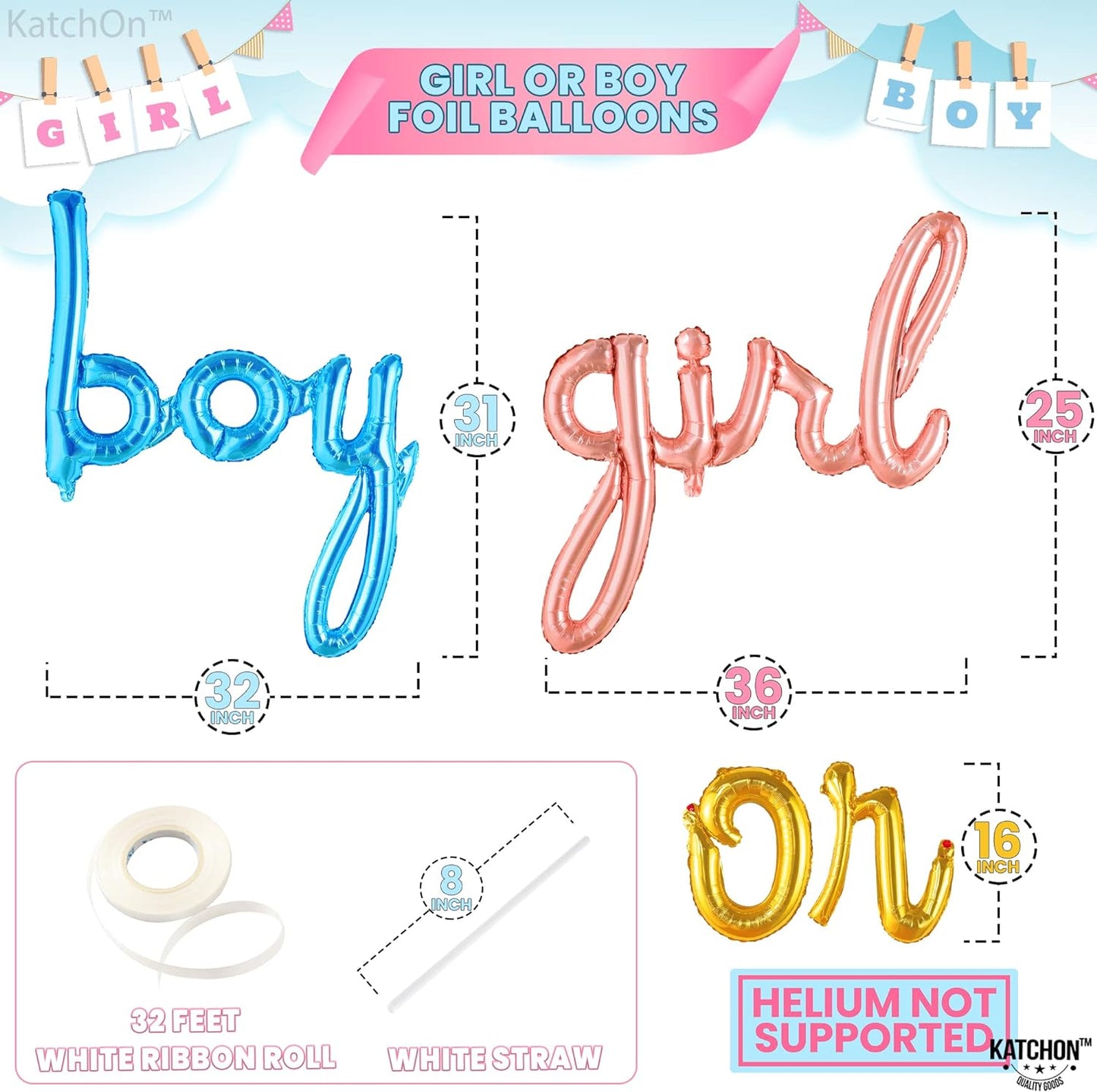 KatchOn, Boy or Girl Script Balloon - 36 Inch | Boy or Girl Balloons, Gender Reveal Decorations | Gender Reveal Sign, Baby Gender Reveal Balloons, Baby Shower Decorations | Boy Or Girl Script Balloon