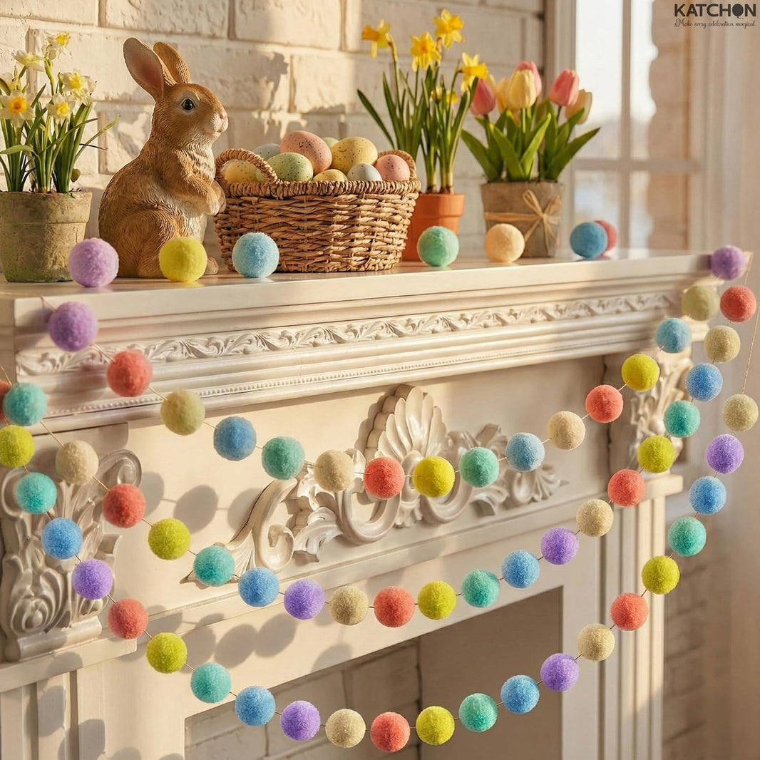 KatchOn, Pom Pom Garland - Pack of 3 | Easter Decorations for Home, Living Room, Wall, Classroom, Cute Hanging Rainbow Colorful Felt Ball Garland Baby Shower Wedding Birthday Party Supplies