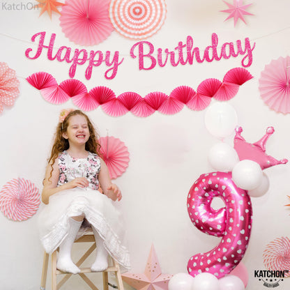 KatchOn, Pre Strung Pink Cursive Happy Birthday Banner with Paper Fan Garland Set | Happy Birthday Sign, Pink Paper Banner for Happy Birthday Decorations | Hot Pink Happy Birthday Party Decor for Girl