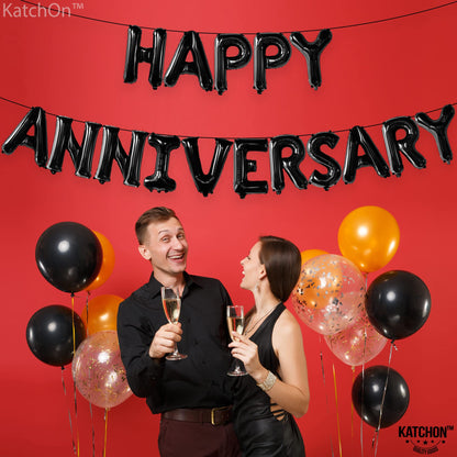 KatchOn, Happy Anniversary Balloons Black - 16 Inch | Black Happy Anniversary Banner Decorations | Backdrop | Balloon Banner