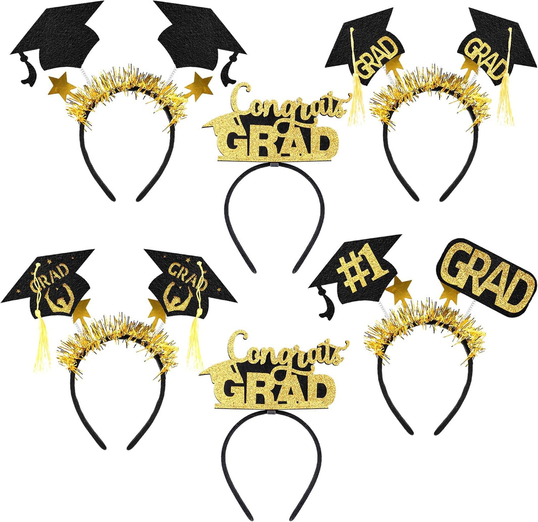KatchOn Graduation Decorations 2026 | Black and Gold Congrats Grad Graduation Cap Headband - Pack of 6 | Felt Graduation Headbands | Headband for Graduation Cap | Graduation Party Favors 2026