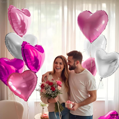 KatchOn, Silver and Pink Heart Balloons- 18 Inch, Pack of 12 | Heart Shaped Balloon for Valentines Day Decorations | Galentines Balloons for Galentines Day Decorations | Happy Valentines Day Balloon