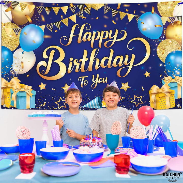 KatchOn, Happy Birthday Banner Blue and Gold - XtraLarge, 72x44 Inch | Happy Birthday Backdrop for Happy Birthday Decorations | Happy Birthday Banner for Boys | Birthday Party Decorations for Men
