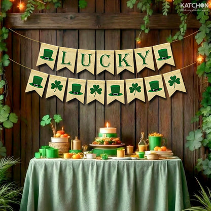 KatchOn, Lucky Shamrock Burlap Garland Banners - 10 Feet | St.Patrick's Day Decorations, Rustic Burlap Shamrock Clover Banner Garland for Irish Day, Home, Office, Party Supplies Décor