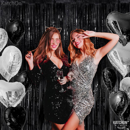 KatchOn Large Black Fringe Backdrop - Pack of 2 | Black Streamers for Halloween Decorations Indoor  | Tinsel Backdrop for Anniversary, Engagement, Birthday, Bachelorette, New Years Decorations