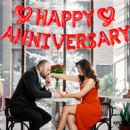 KatchOn 18 Inch Happy Anniversary Balloons Letters - Big Red Banner for Decorations | Heart Balloons for Party