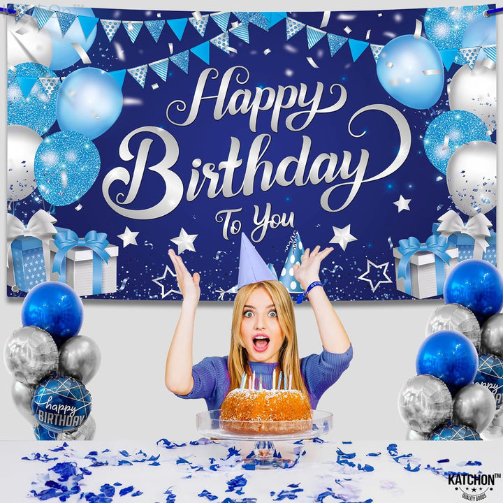 KatchOn, Silver and Blue Happy Birthday Backdrop - XtraLarge, 72x44 Inch | Happy Birthday Banner for Men | Blue Birthday Banner, Happy Birthday Decorations for Men | Blue Birthday Backdrop for Girls