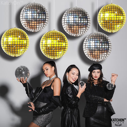 KatchOn, Large Gold and Silver Disco Ball Balloons - 22 Inch, Pack of 6 | 4D Sphere Disco Balloons for Disco Party Decorations, Bachelorette Party Decorations | 70s Party Decoration
