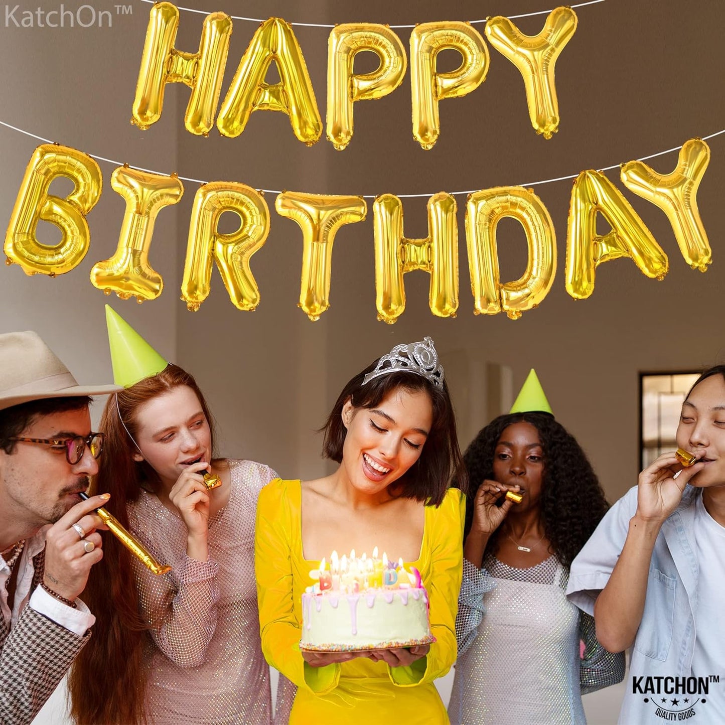 KatchOn, Gold Happy Birthday Balloons - Huge, 16 Inch | Gold Birthday Balloons for Happy Birthday Decorations | Happy Birthday Balloon Gold, Gold Birthday Decorations | Foil Gold Happy Birthday Banner