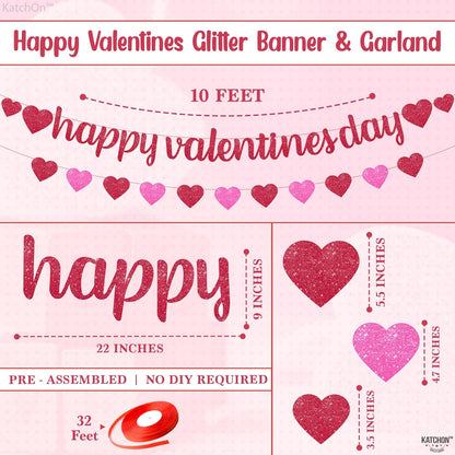 KatchOn, Happy Valentines Banner Set - Pack of 9 | Glitter Valentines Banner, 10 Feet | Heart Garland, Honeycomb Valentines Decorations | Hanging Honeycomb Hearts, Pink Valentines Decorations