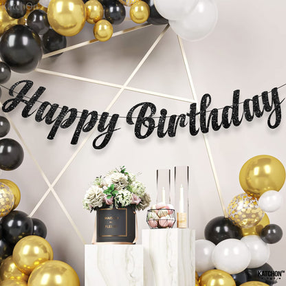 KatchOn, Glitter Black Happy Birthday Banner - Pre-Strung, 10 Feet |  Birthday Decorations for Men, Women | Happy Birthday Banner Backdrop For Black Party Decorations, Halloween Decorations