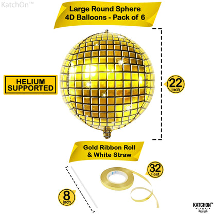 KatchOn, Huge Gold Disco Ball Balloons - 22 Inch Pack of 6 | 4D Disco Balloon, Gold Party Decorations | Graduation Balloons, Graduation Decorations 2025 | Disco Ball Decoration