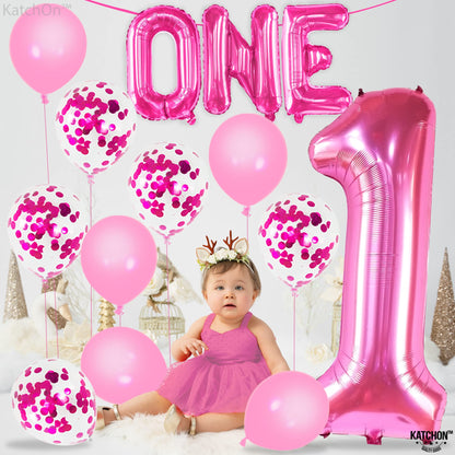 KatchOn, Hot Pink 1 Balloons for 1st Birthday - 40 Inch, Pack of 12 | Pink 1 Number Balloon, Pink First Birthday Decorations for Girl | Pink Party Decorations