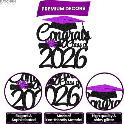 Graduation Decorations 2026, Glitter Graduation Cake Topper 2026 - Congrats Grad Cake Topper | Dessert Topper Class of 2026 | Purple, Black Grad Decorations Class of 2026 - KatchOn