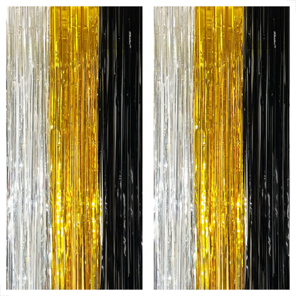KatchOn, XtraLarge Silver Black and Gold Backdrop - 3.2x8 Ft, Pack of 2 | Black Gold and Silver Party Decorations | Fringe Backdrop for Anniversary, Bachelorette, Engagement, Birthday Decorations