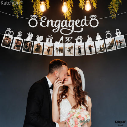 KatchOn, Silver Glitter Engaged Photo Banner - 2 String, 10 Feet, No DIY | Silver Engagement Party Decorations | Engagement Photo Banner for Bachelorette Party Decorations | She Said Yes Decorations
